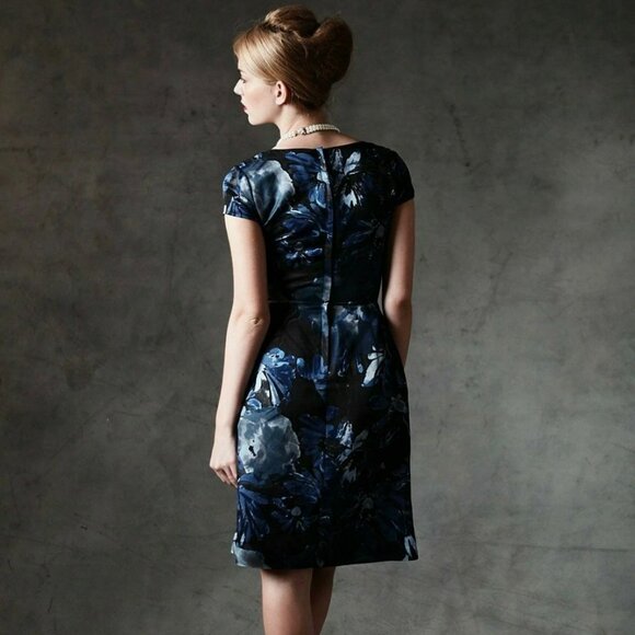 Banana Republic x Mad Men Begonia Dress Women 6 Blue Black Linen Blend Knee Work - Picture 3 of 12